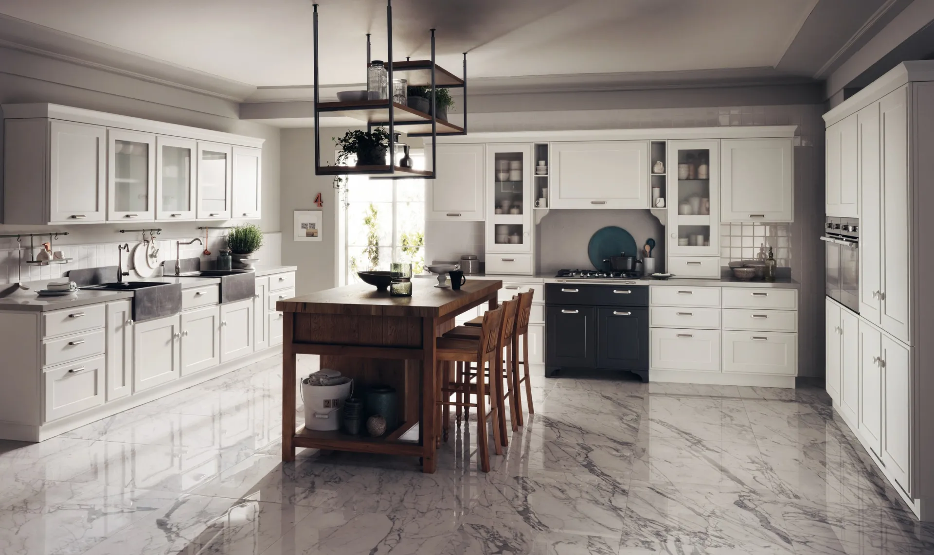 Cucina Favilla Scavolini bianca con isola in Rovere Nodato e appendiera sospesa