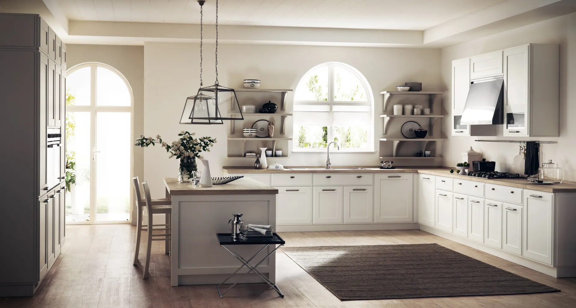 Cucina Favilla Scavolini ad angolo in laccato opaco Bianco Prestige con isola e mensole