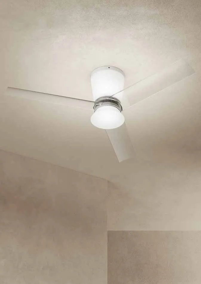 Dettaglio del ventilatore Everest Fan Europe con pale trasparenti e plafoniera bianca