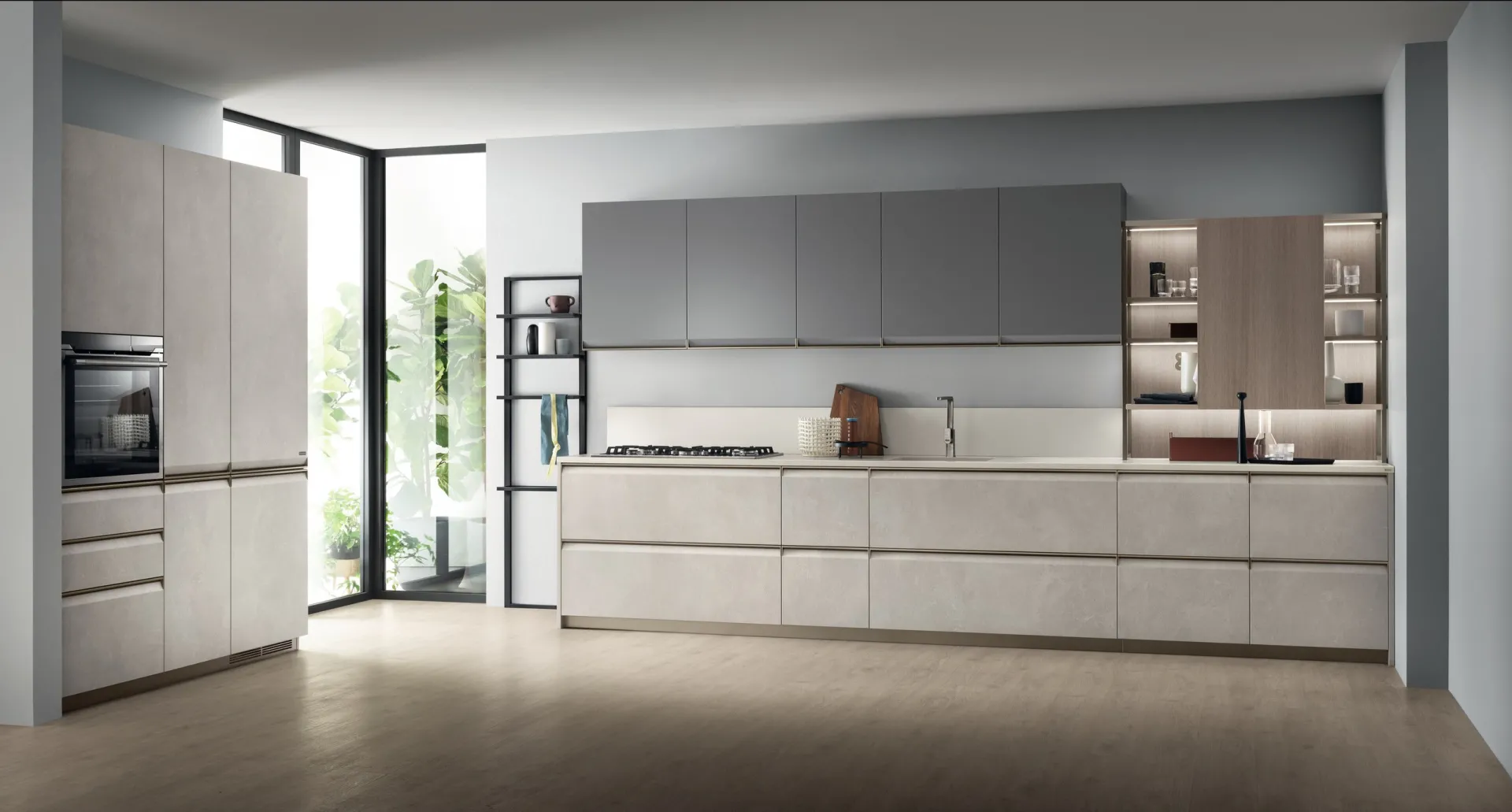 Cucina Formalia Scavolini lineare con basi chiare effetto cemento e pensili grigi