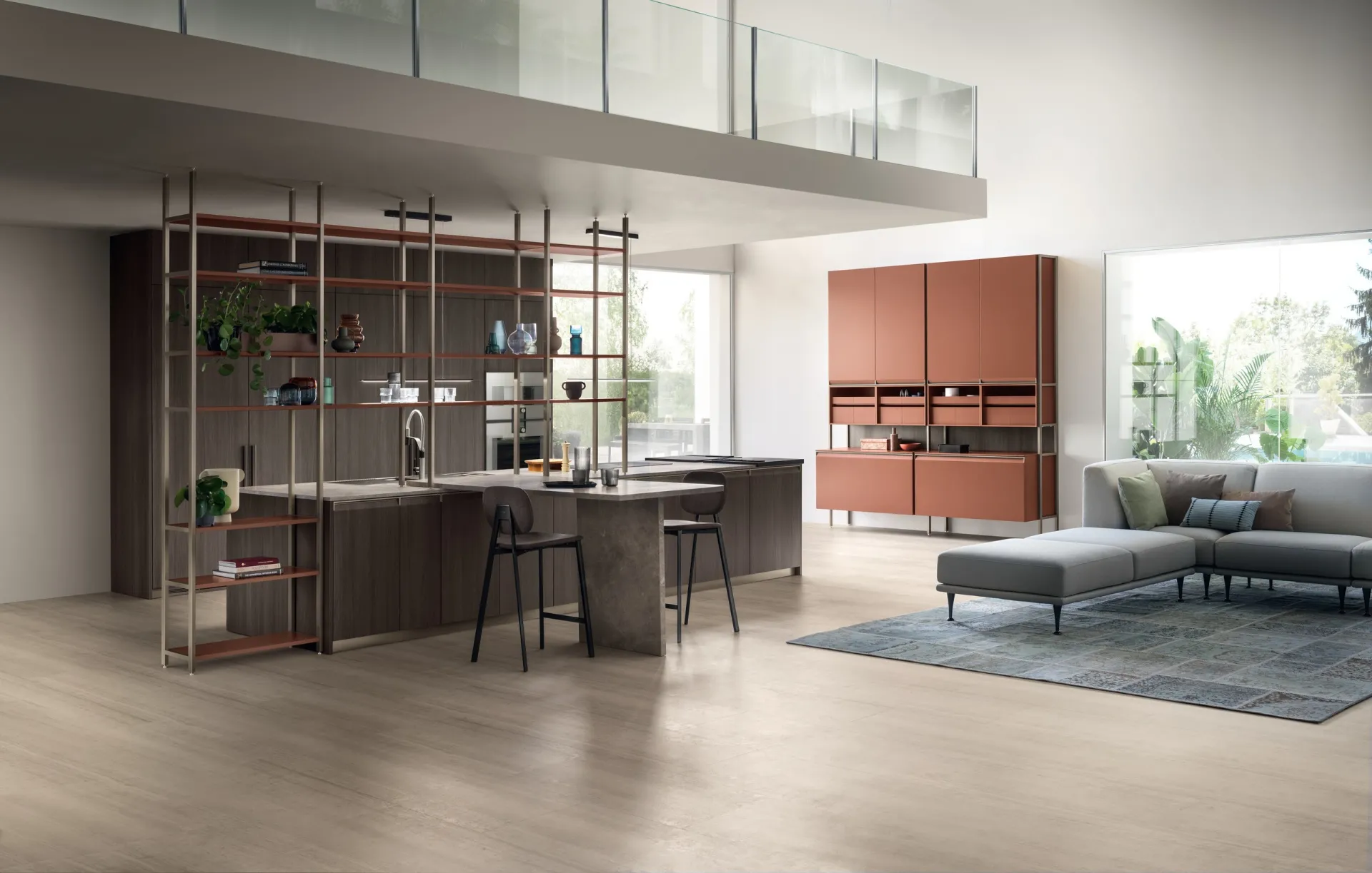 Cucina Formalia Scavolini con penisola e Sistema Parete Status che separa cucina e soggiorno