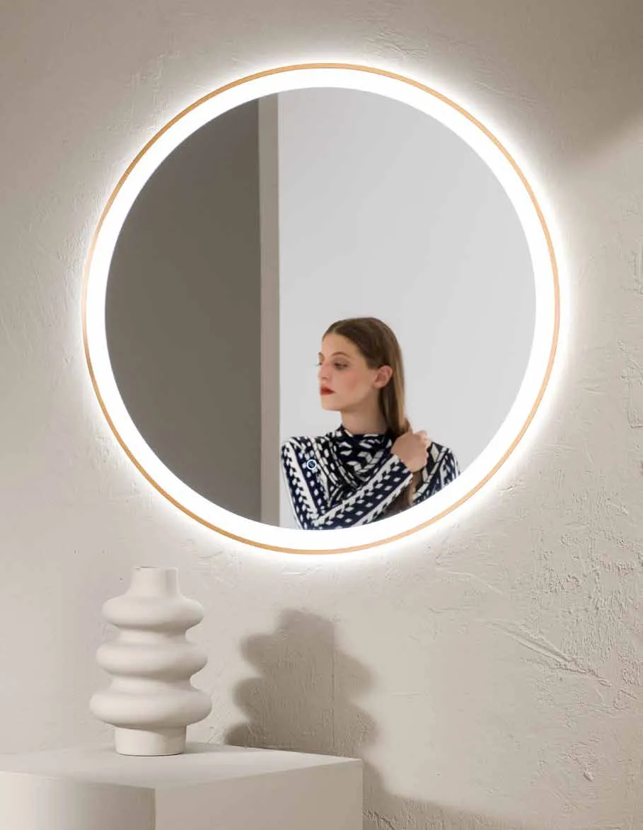 Specchio tondo Oronero Fan Europe con bordo oro e luce calda