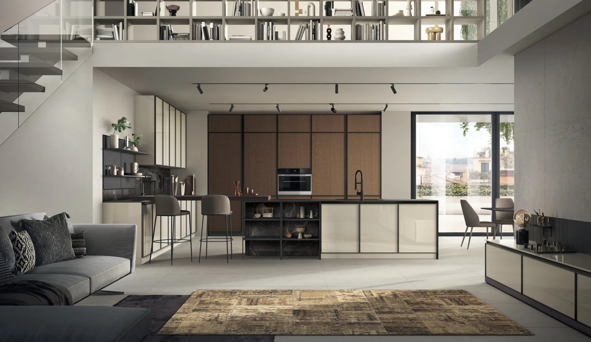 Cucina Jeometrica Scavolini con isola in vetro lucido Tortora e colonne in Rovere Malto in un open space