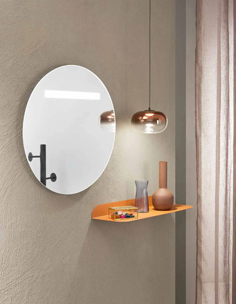 Specchio tondo Linea Fan Europe con linea LED e mensola arancione