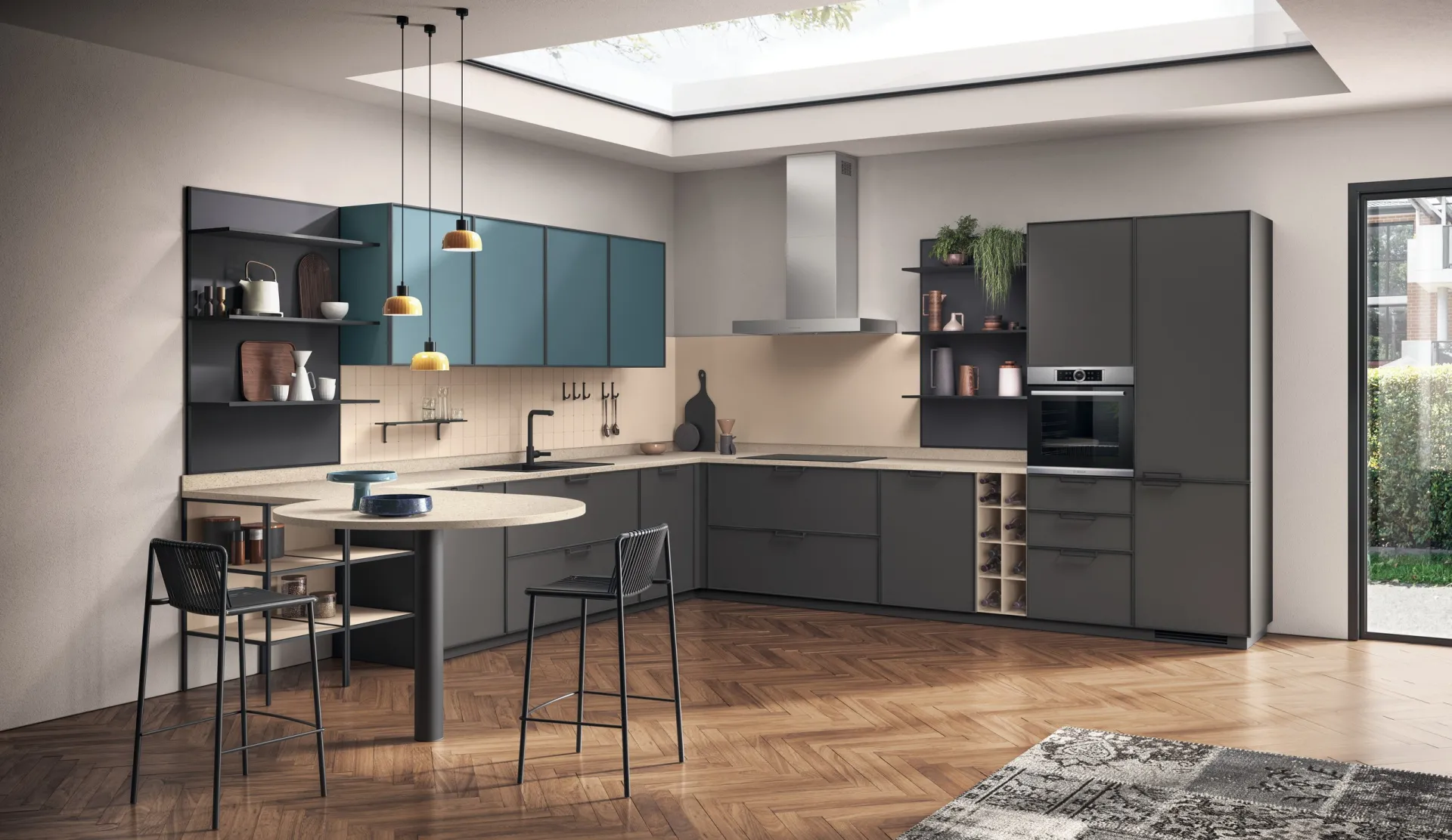 Cucina Jeometrica Scavolini ad angolo in Grigio Ferro con pensili Verde Ottanio e penisola tonda