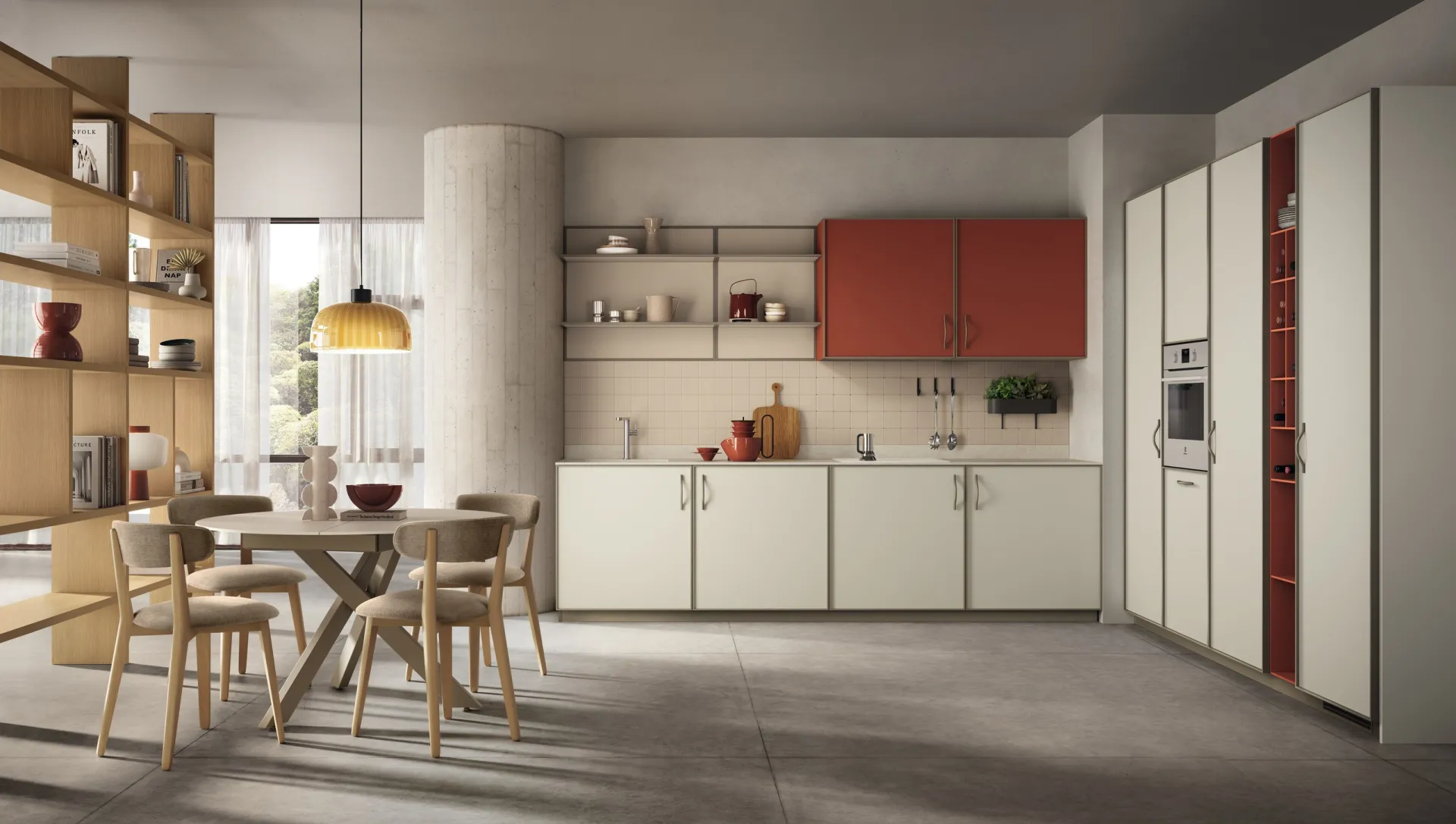Cucina Jeometrica Scavolini lineare in Bianco Niveo con pensili Paprika e tavolo rotondo