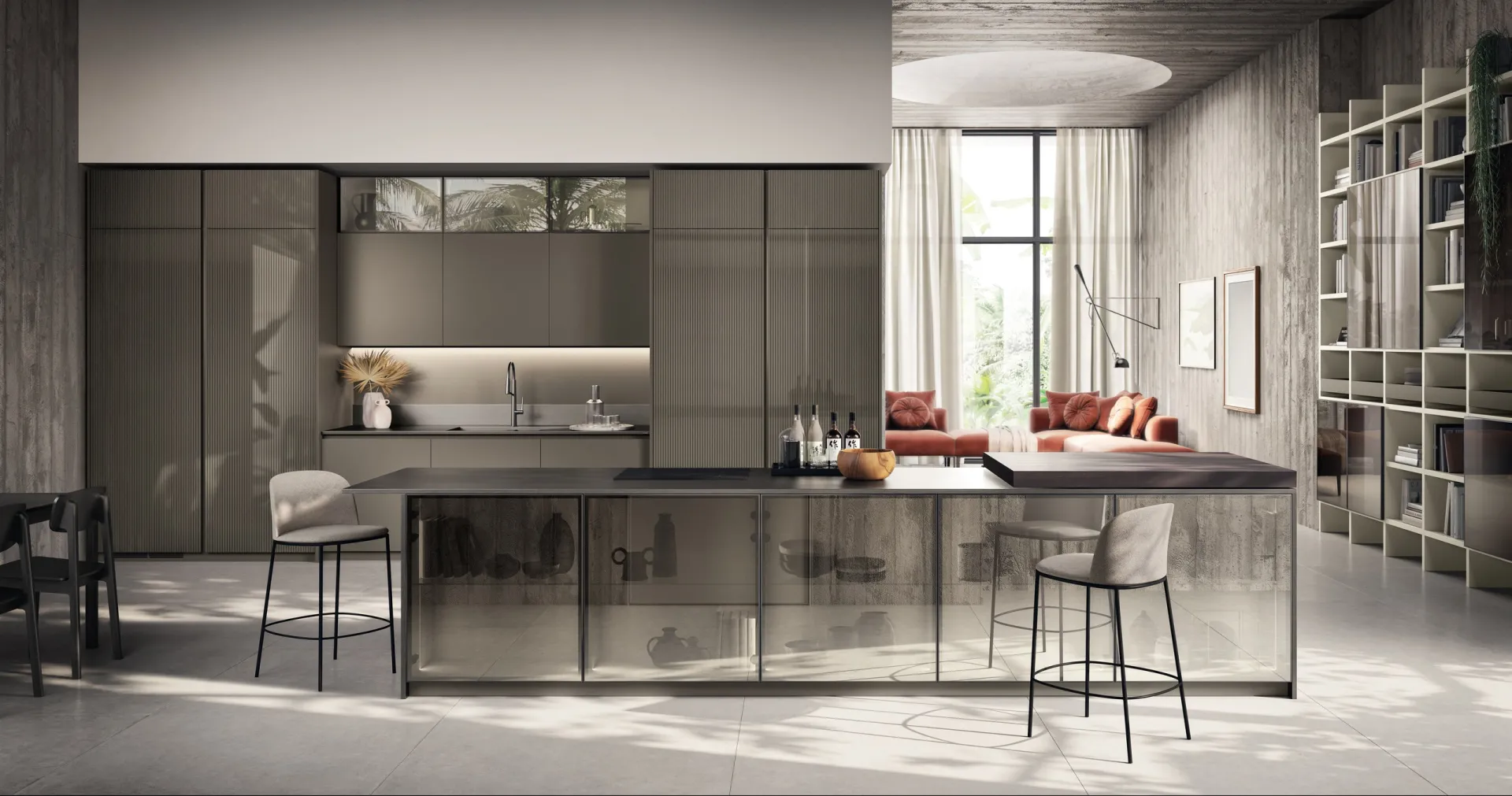 Cucina Libra Scavolini in laccato perlato Cuvée con isola a vetrina e piano snack