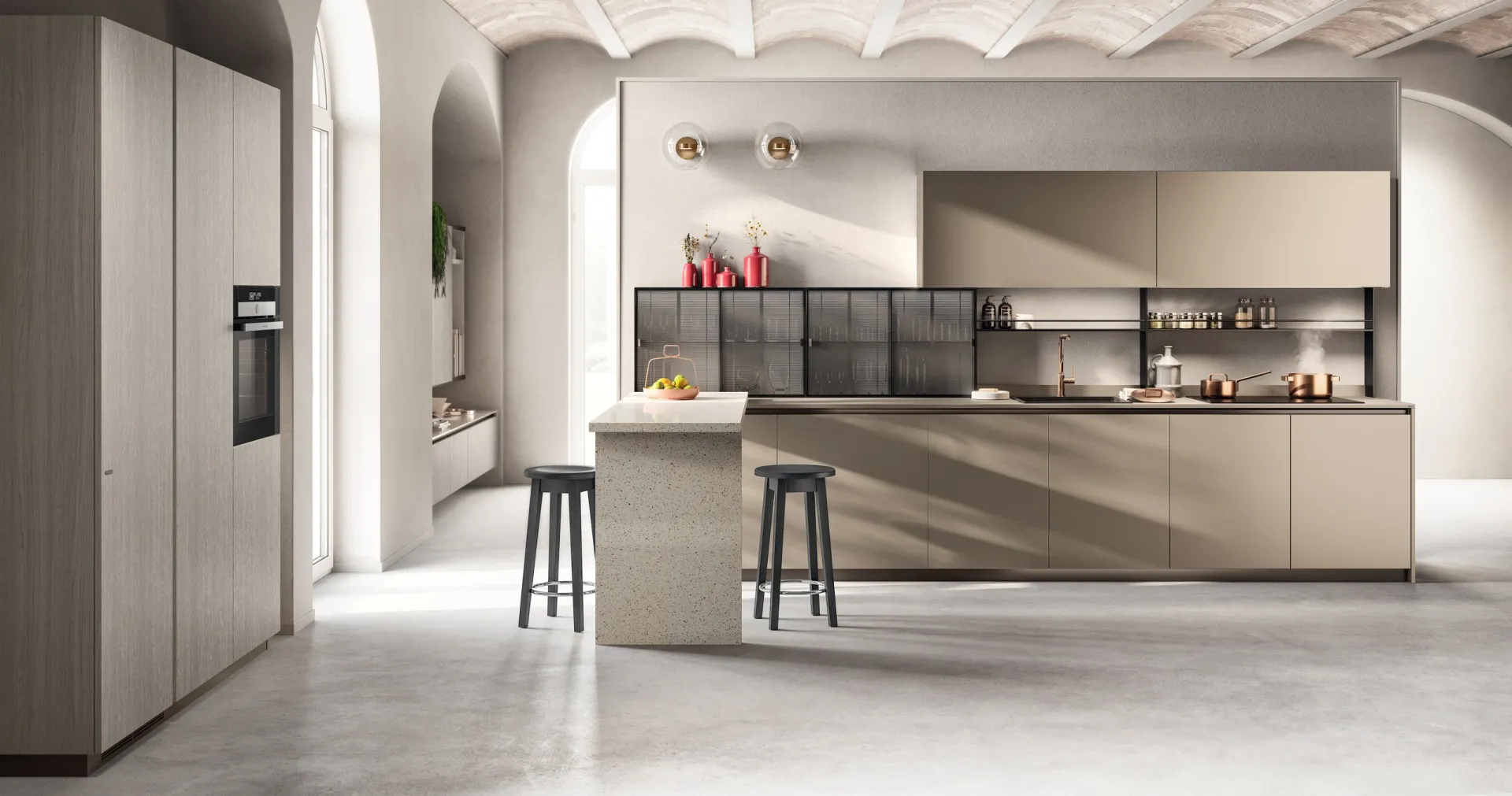 Cucina Libra Scavolini lineare in laminato Urban Bronze con penisola e sgabelli