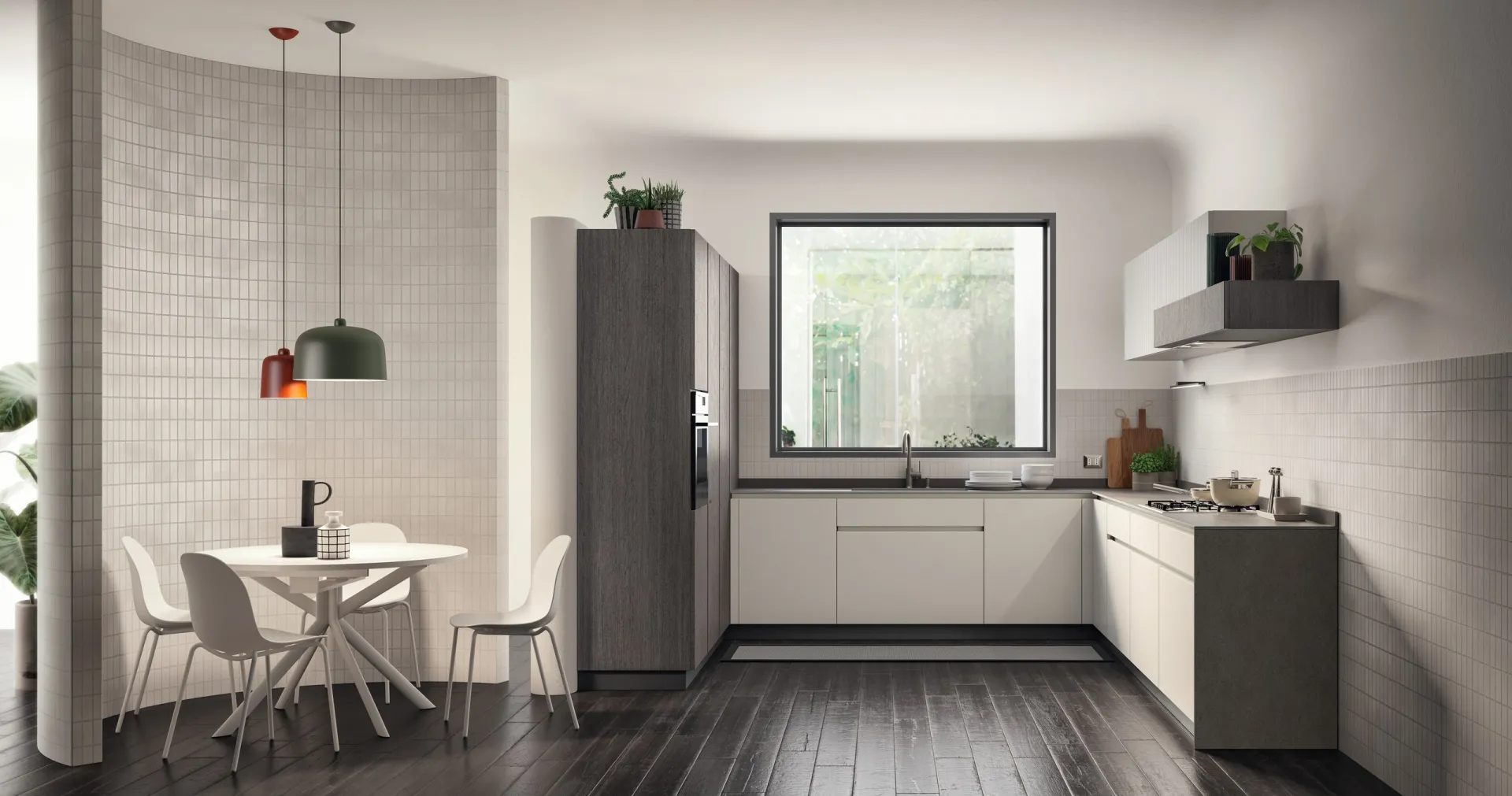 Cucina Libra Scavolini ad angolo in laccato opaco Bianco Prestige con tavolo rotondo