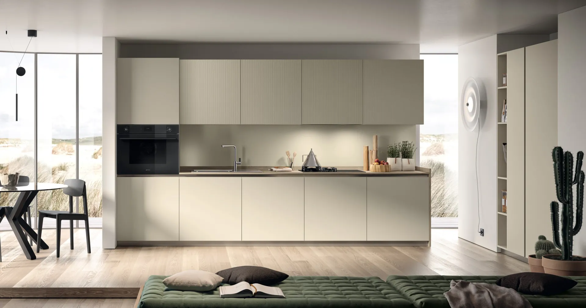 Cucina Lumina Scavolini lineare in laccato opaco Tortora con pensili in laminato Strips
