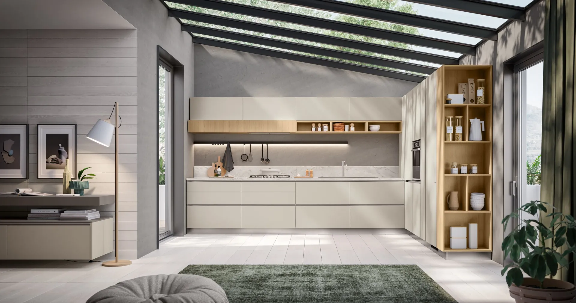 Cucina Lumina Scavolini ad angolo in decorativo Canapa con vani a giorno in Rovere Gold