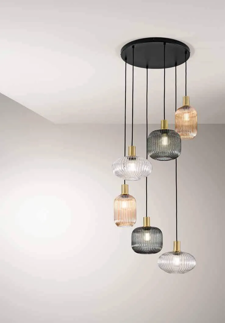 Sospensione Egadi Fan Europe a sei luci con diffusori colorati