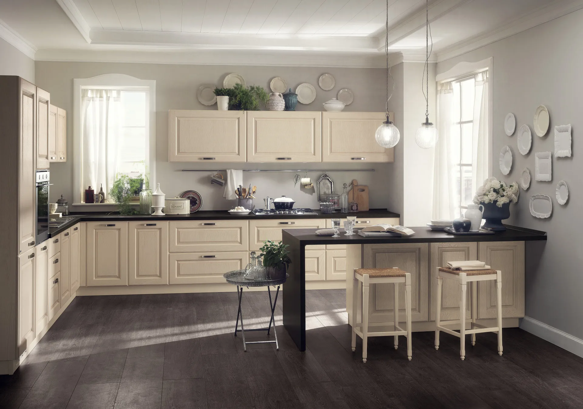 Cucina Madeleine Scavolini ad angolo in Frassino Bianco Burro con penisola dal piano scuro