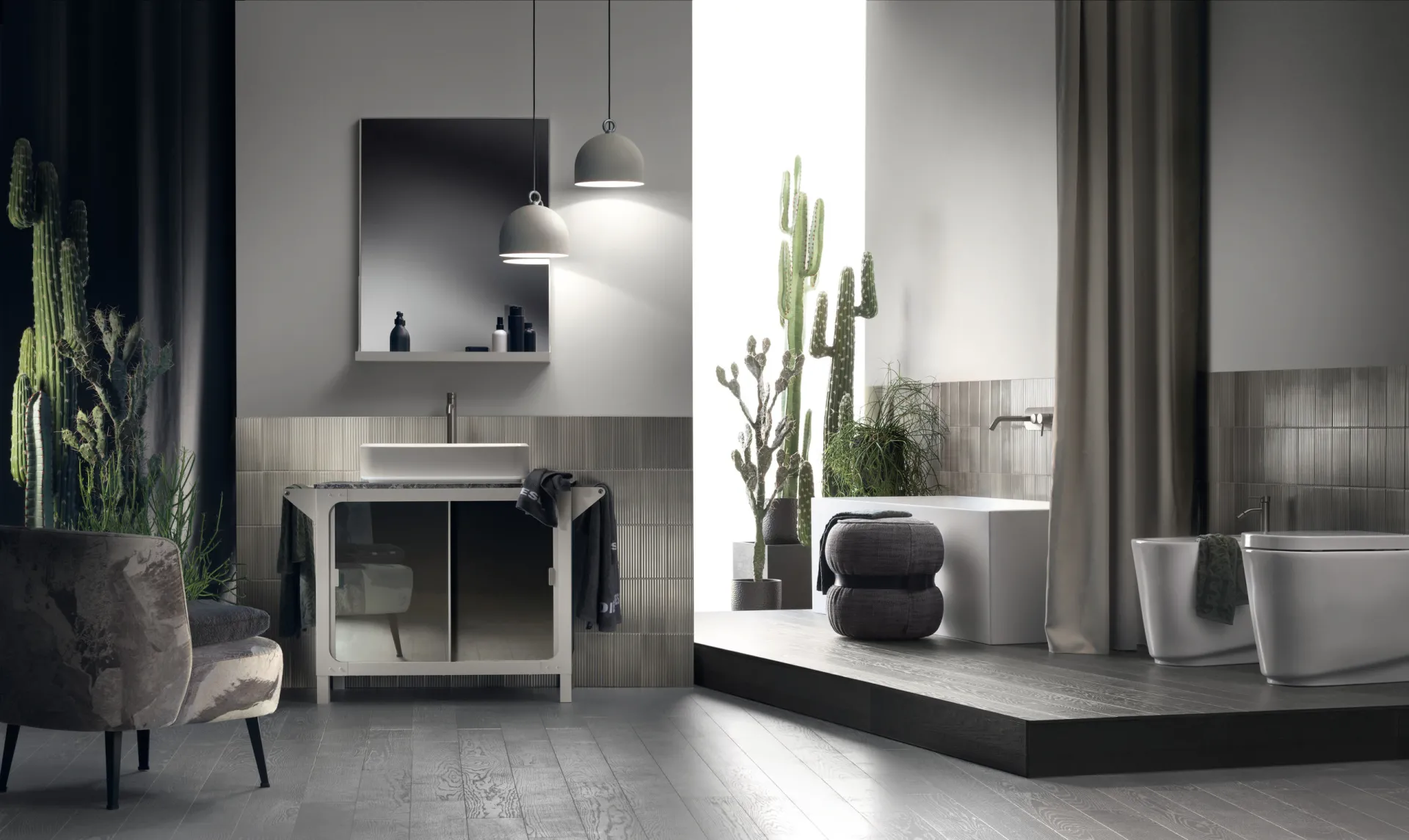 Bagno Misfits Scavolini con base Misfit CHEST Soft Grey e specchiera con mensola, accanto alla vasca