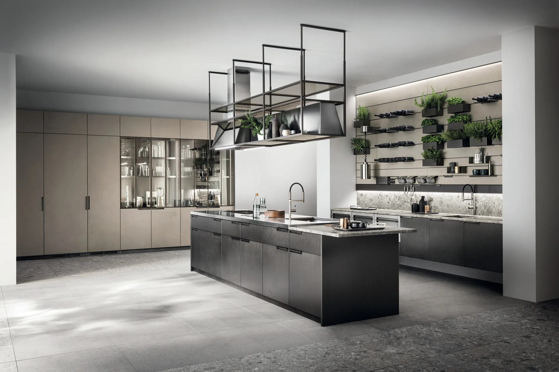 Cucina MIA by Carlo Cracco Scavolini con isola in acciaio scuro e struttura sospesa con piattaia