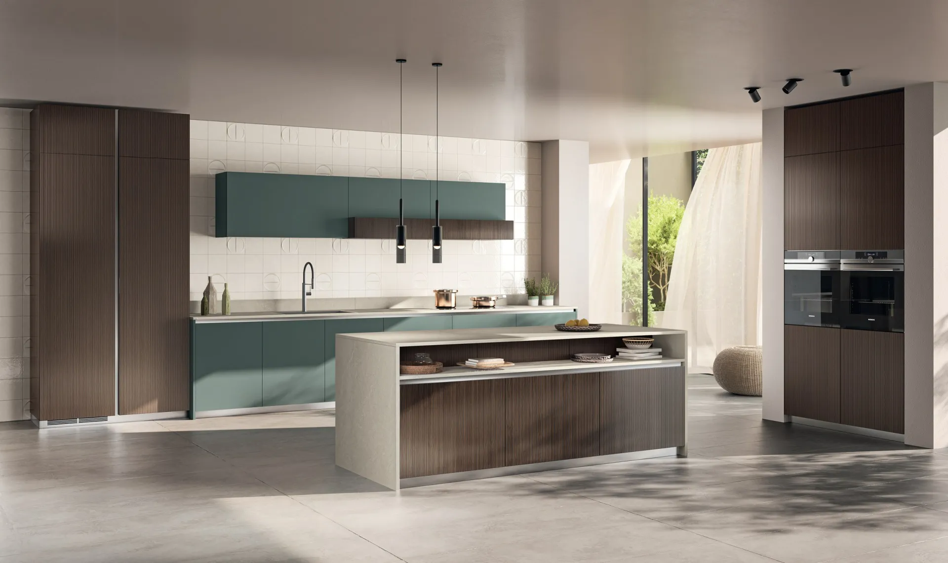 Cucina Mira Scavolini con isola in decorativo Lodge e basi in Fenix Verde Comodoro