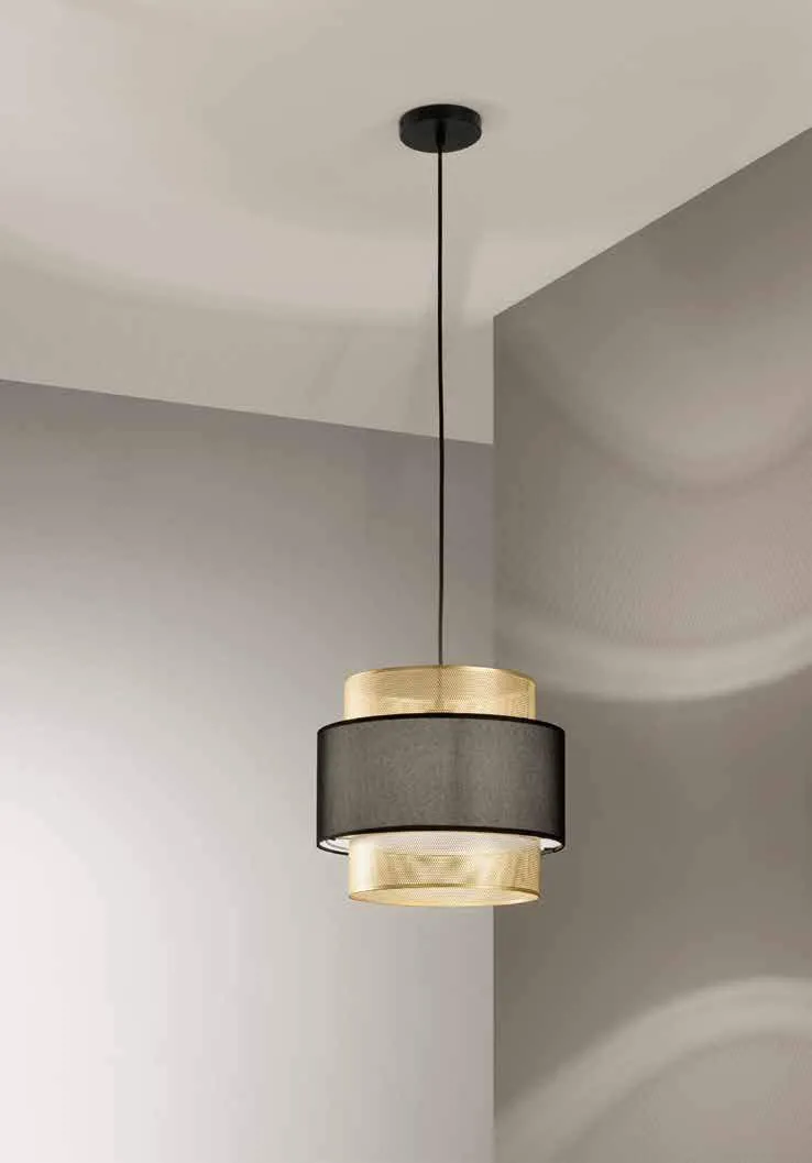 Sospensione Lounge Fan Europe con paralume nero e fascia oro