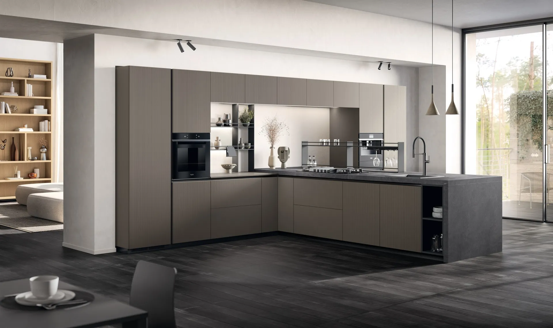 Cucina Mira Scavolini ad angolo con penisola in laminato Strips Urban Steel