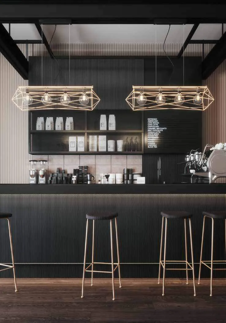 Sospensioni lineari Abraxas Fan Europe oro sopra un bancone bar
