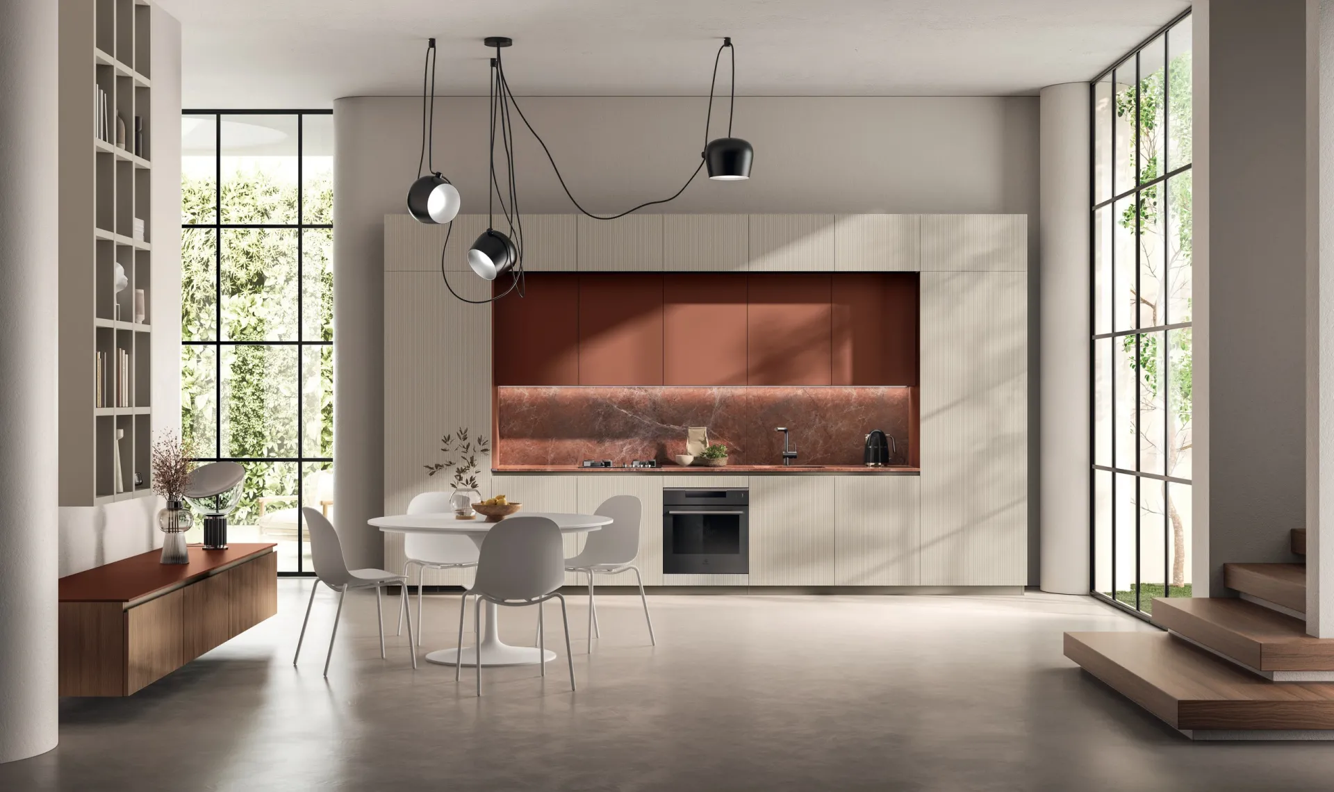 Cucina Mira Scavolini lineare in laccato opaco Tortora con nicchia color Ruggine e tavolo rotondo