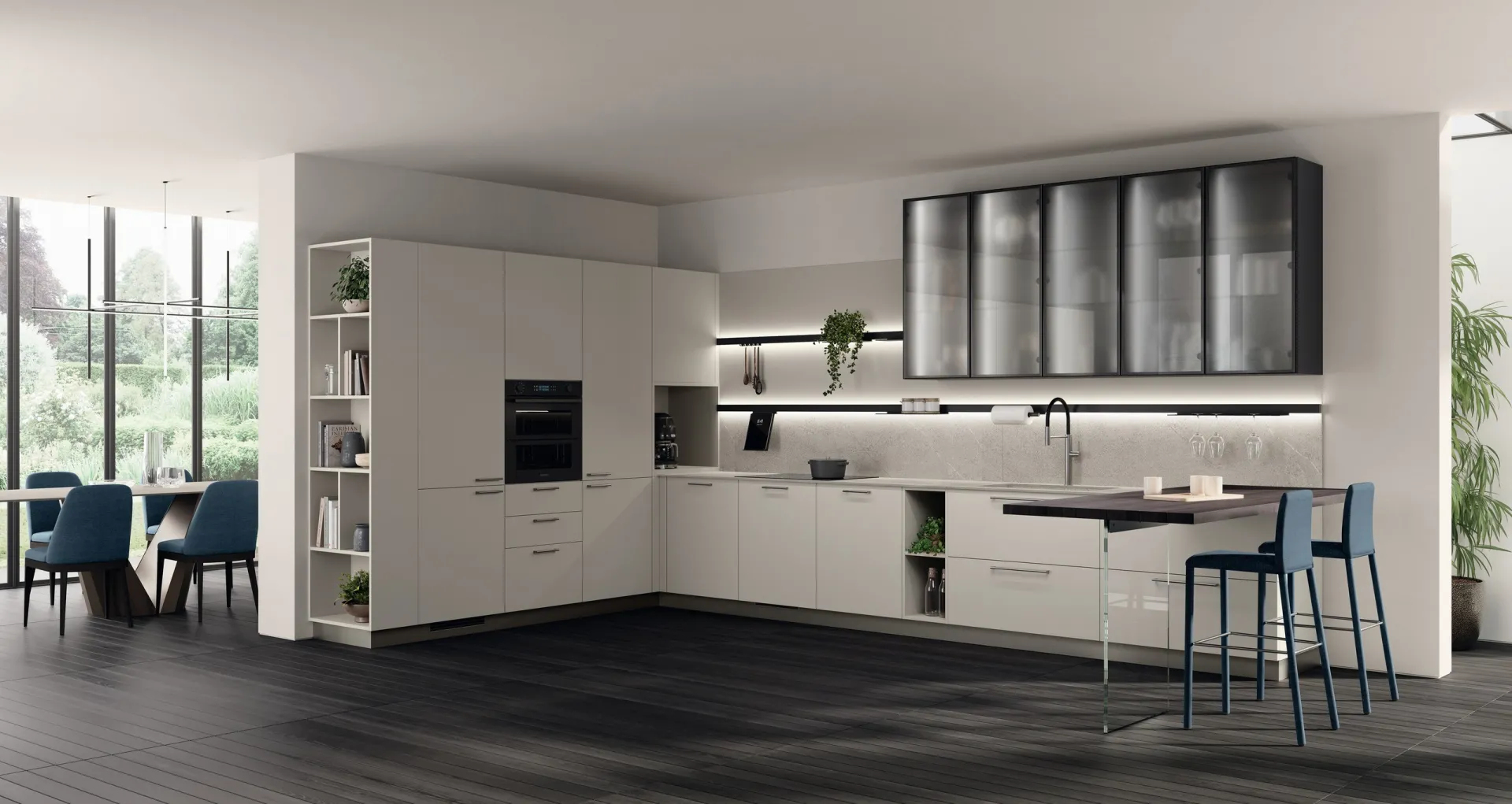 Cucina Moda Scavolini ad angolo in laccato opaco Grigio Chiaro con pensili a vetro e piano snack