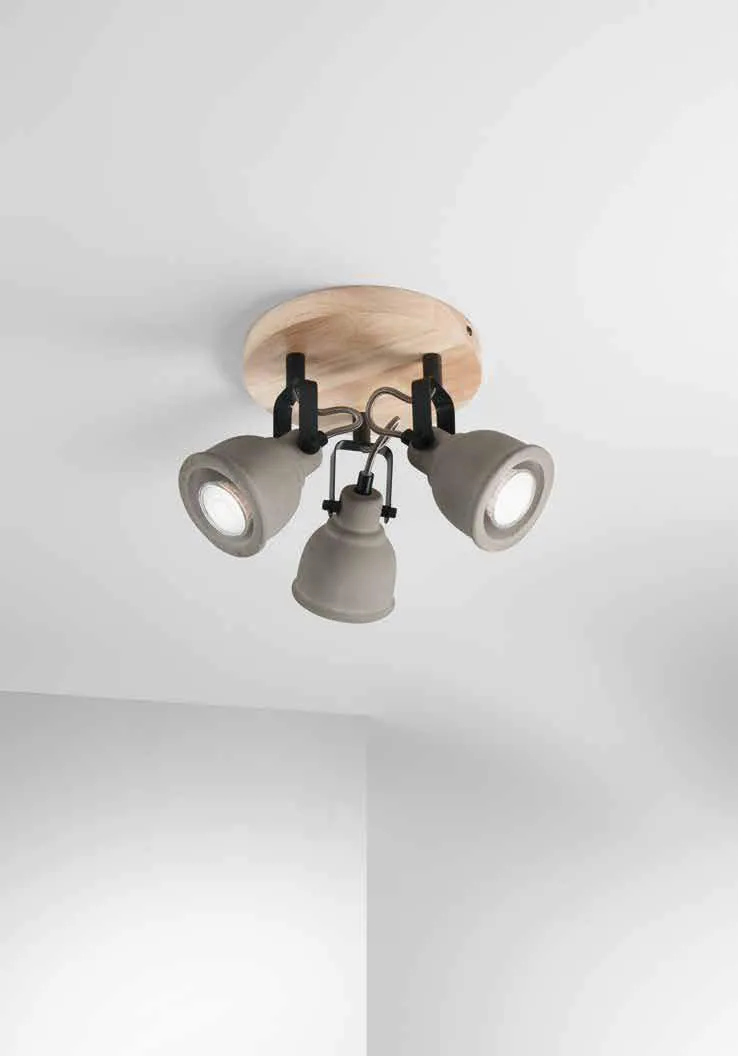 Plafoniera Kisa Fan Europe a tre spot in cemento su base in legno