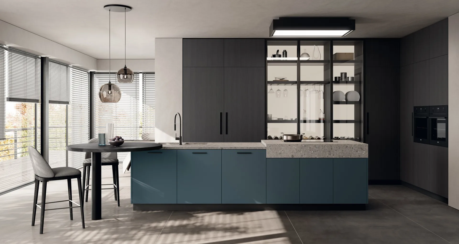 Cucina Moda Scavolini con isola in laccato opaco Verde Ottanio e colonne scure