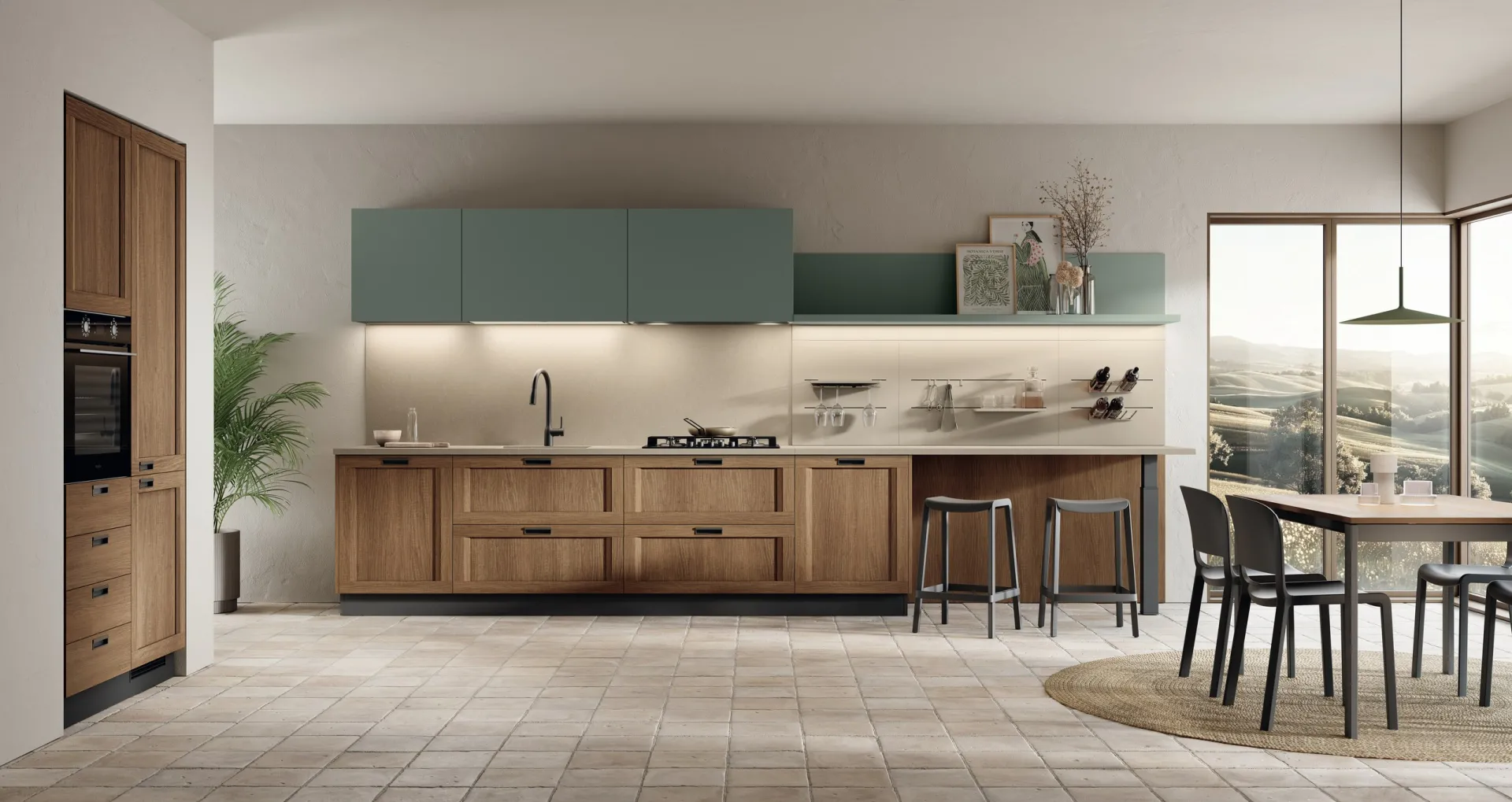 Cucina Moda Scavolini lineare con basi ad anta a telaio in Rovere Land e pensili verde Selva