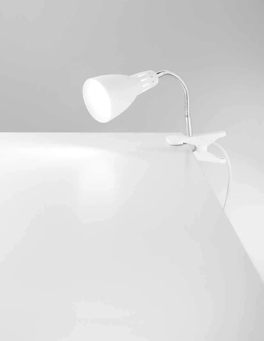 Lampada a pinza Logiko Fan Europe bianca su un ripiano