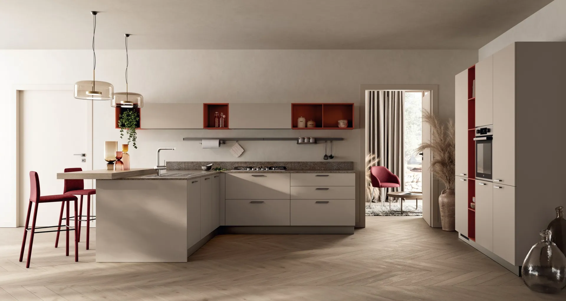 Cucina Moda Scavolini con penisola in decorativo Juta e vani a giorno color Mattone