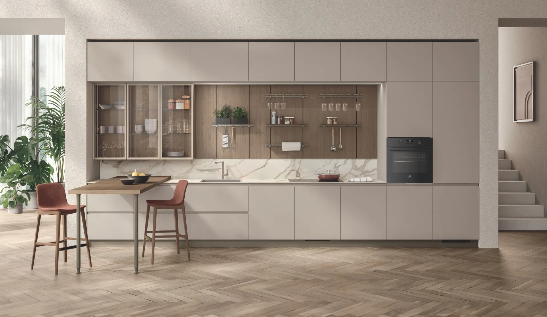Cucina Motus Scavolini lineare in decorativo Juta con vetrine Air Box e piano snack in legno