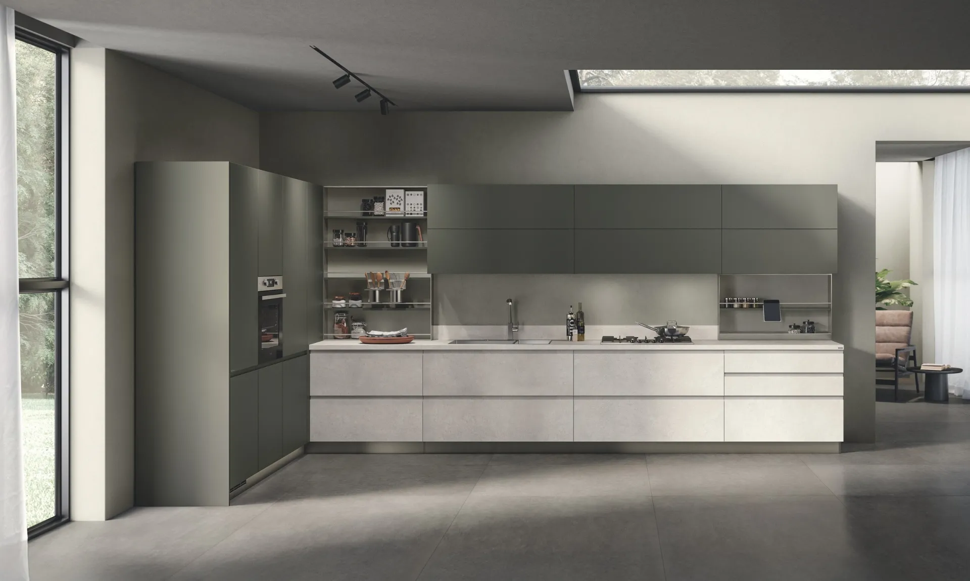 Cucina Motus Scavolini in laccato opaco Verde Minerale con basi effetto pietra chiara
