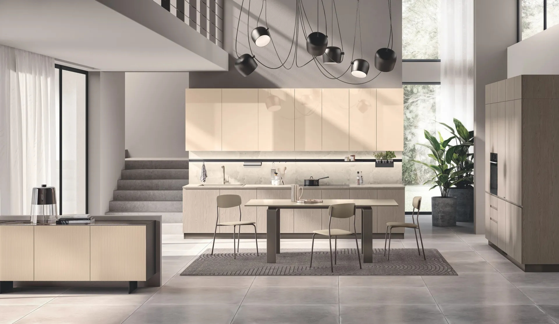 Cucina Motus Scavolini lineare in laccato lucido Cipria con tavolo da pranzo e credenza