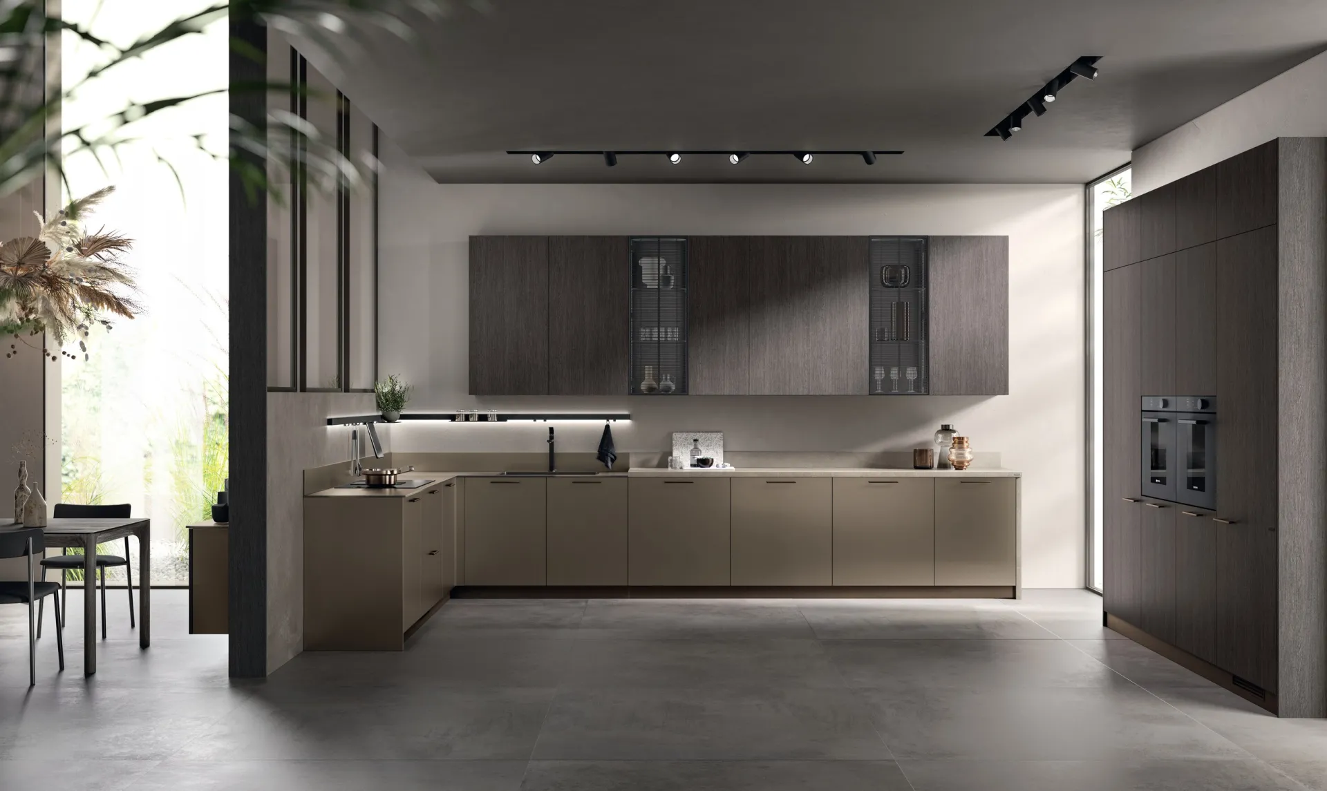 Cucina Musa Scavolini ad angolo con basi in vetro opaco Grigio Matera e pensili effetto legno
