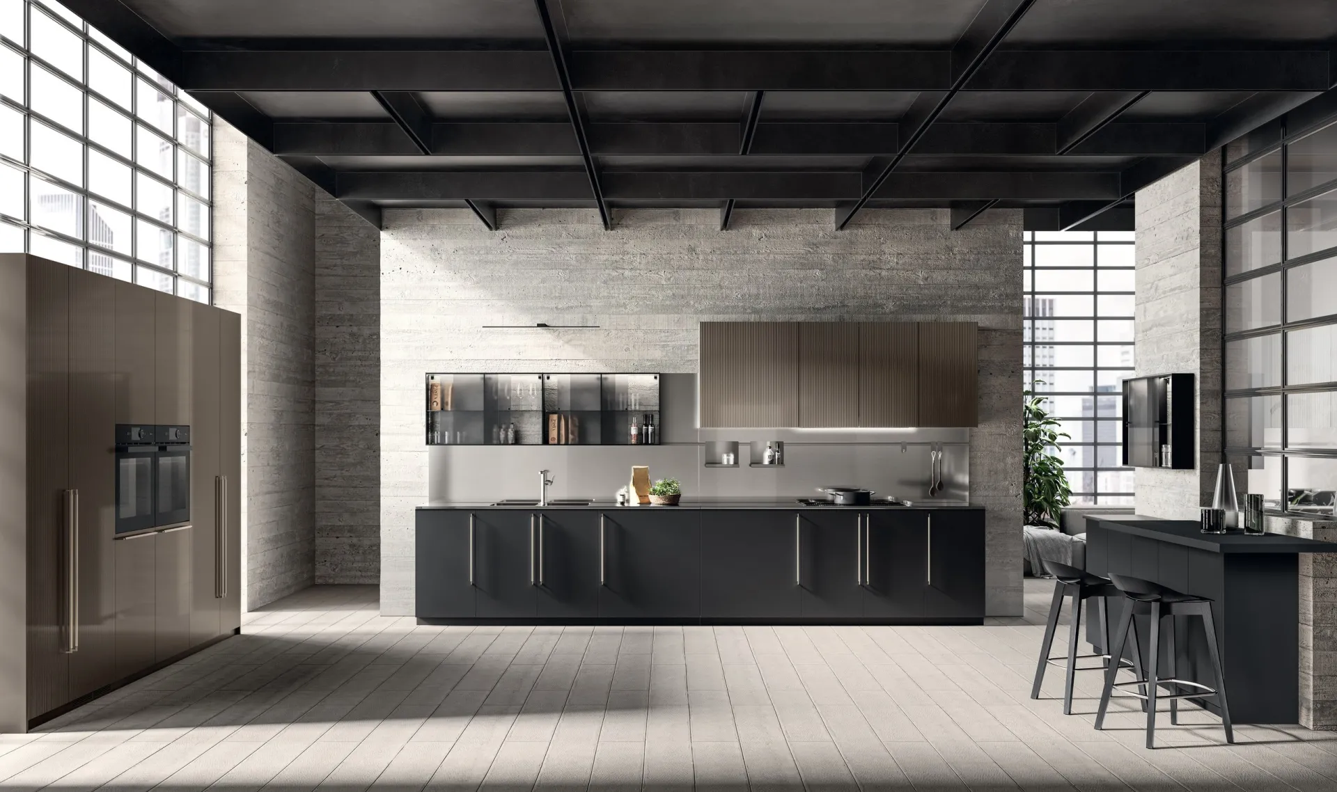 Cucina Musa Scavolini con isola in Fenix Nero Ingo e pensili perlati Cuvée in un loft