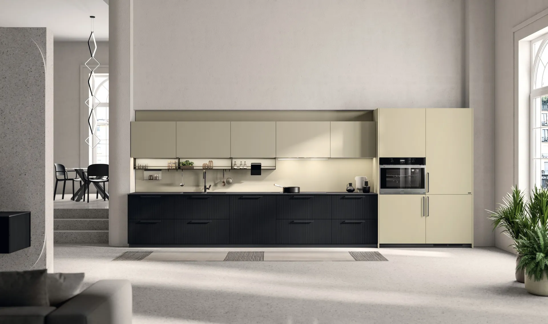 Cucina Musa Scavolini lineare con basi scure dogate e pensili in laminato Urban Gold