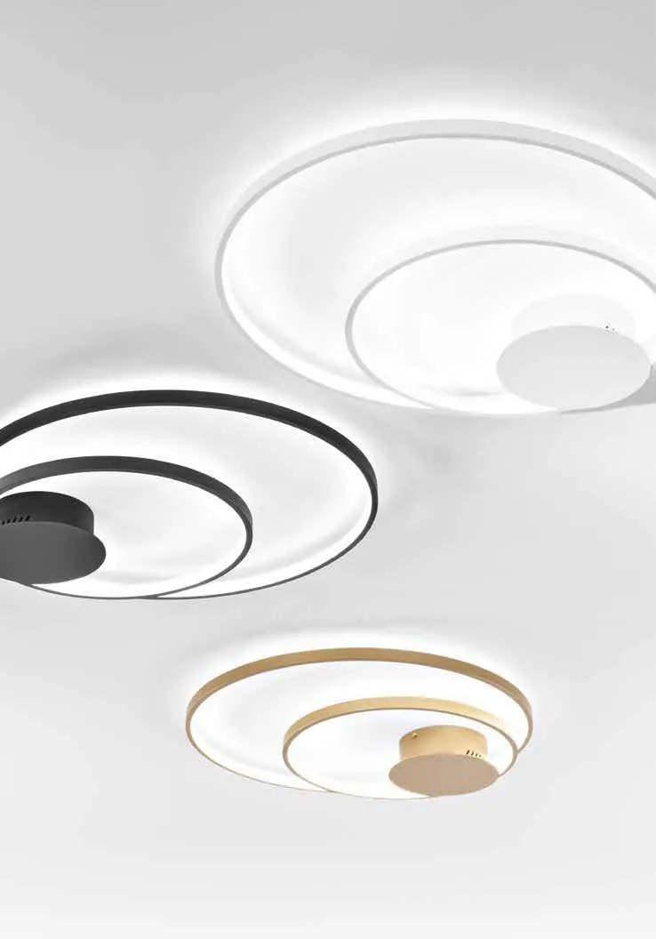 Plafoniere Diem Fan Europe bianca, nera e oro con anelli luminosi