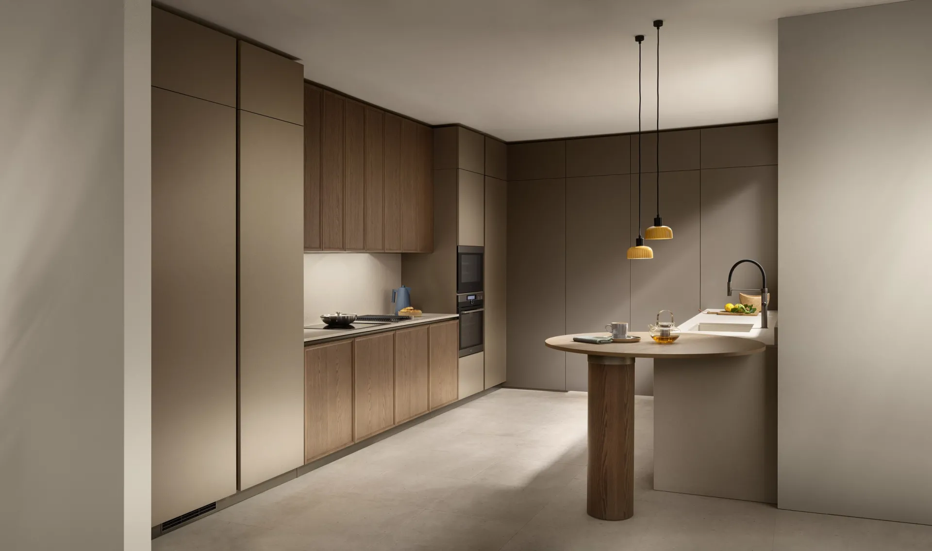 Cucina Poetica Scavolini a golfo con ante in Frassino Pecan e piano snack arrotondato