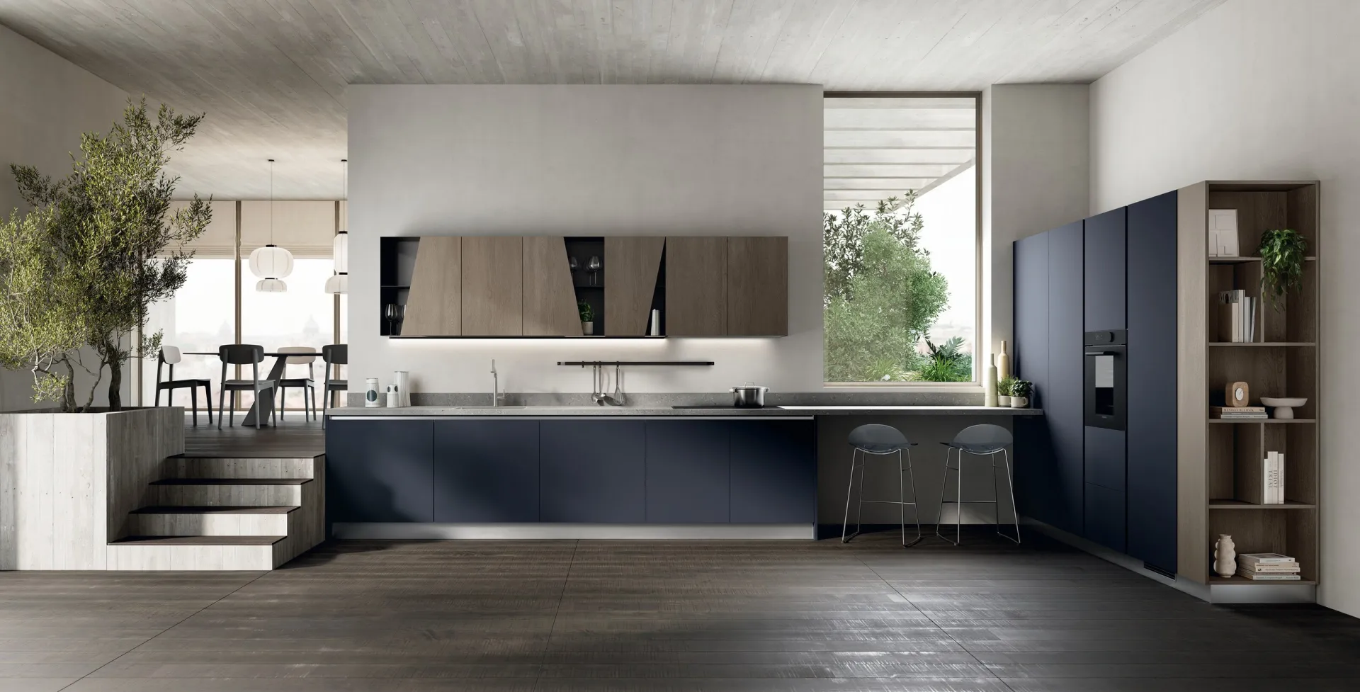 Cucina Regola Scavolini lineare con basi in decorativo Ink Blue e pensili in Rovere Gessato