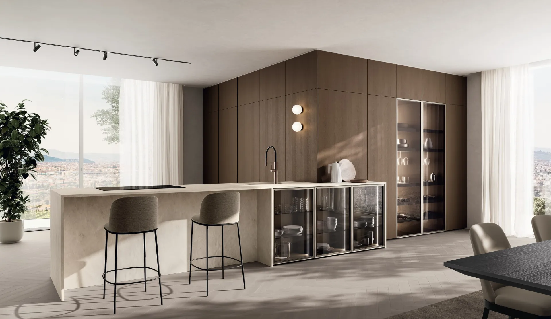 Cucina Regola Scavolini con penisola in gres Diamond Cream e parete in Quercia Toffee