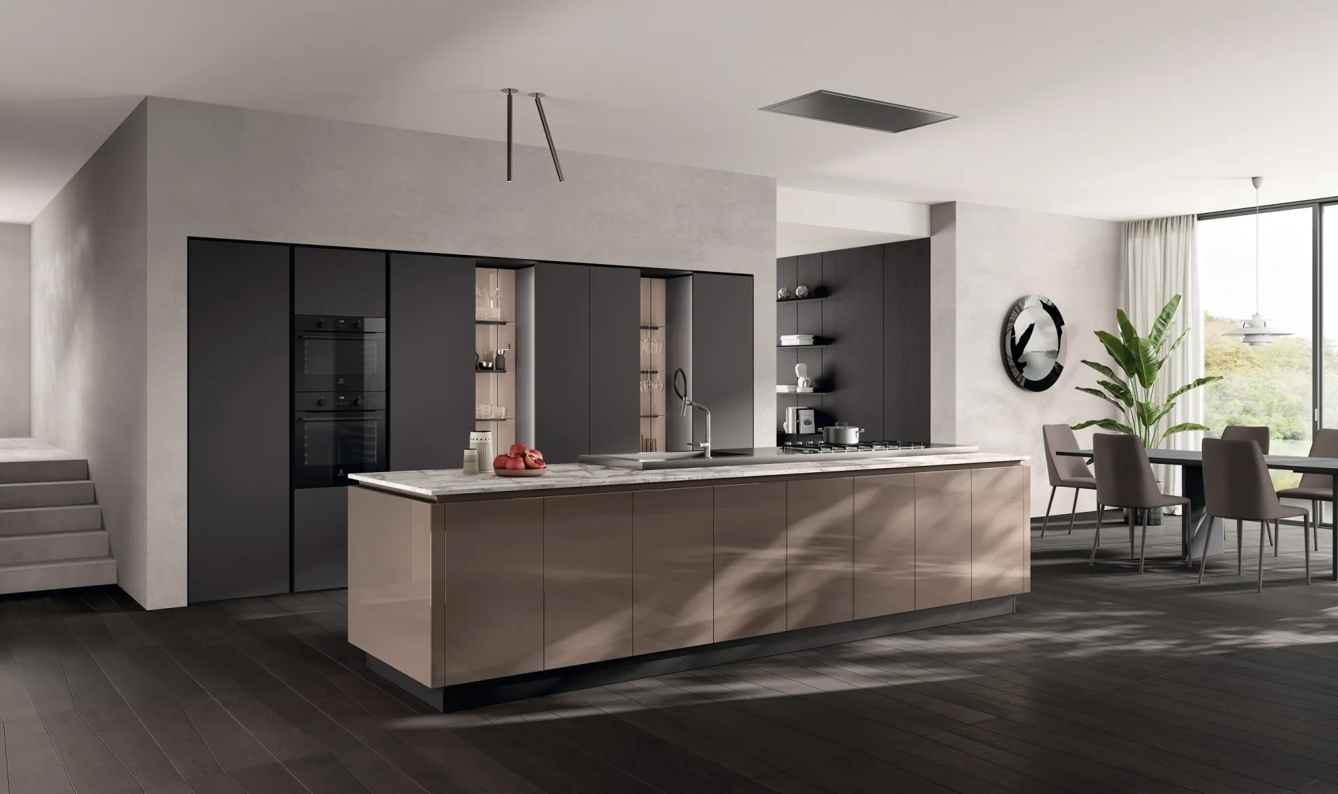 Cucina Regola Scavolini con isola in vetro lucido Grigio Tundra e colonne scure