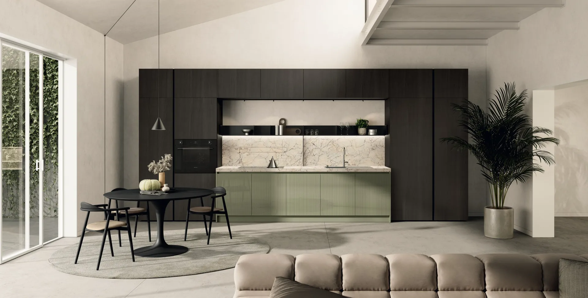 Cucina Regola Scavolini lineare con basi laccate Verde Alga e colonne in Rovere Carbone