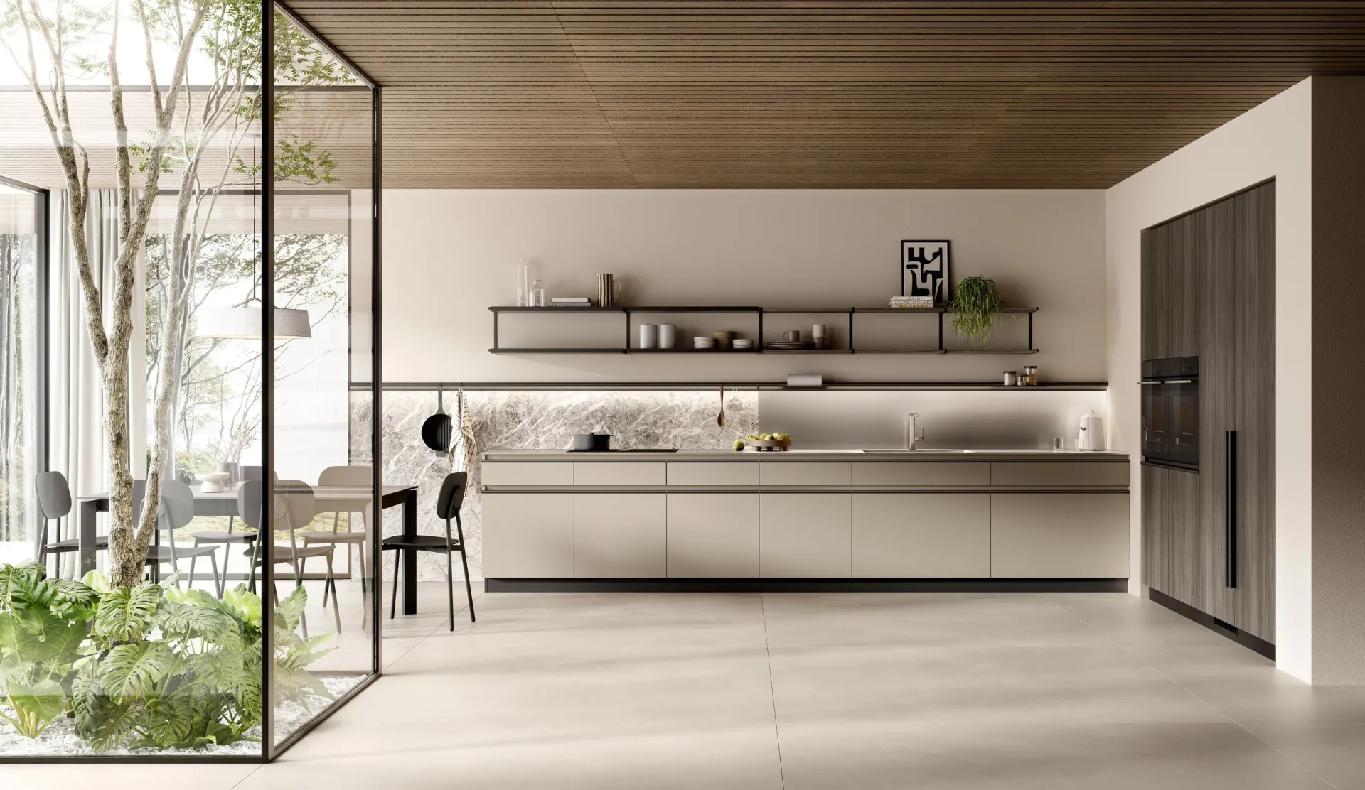 Cucina Stilo Scavolini lineare in decorativo Canapa con mensole a parete e colonna in Noce Arabica