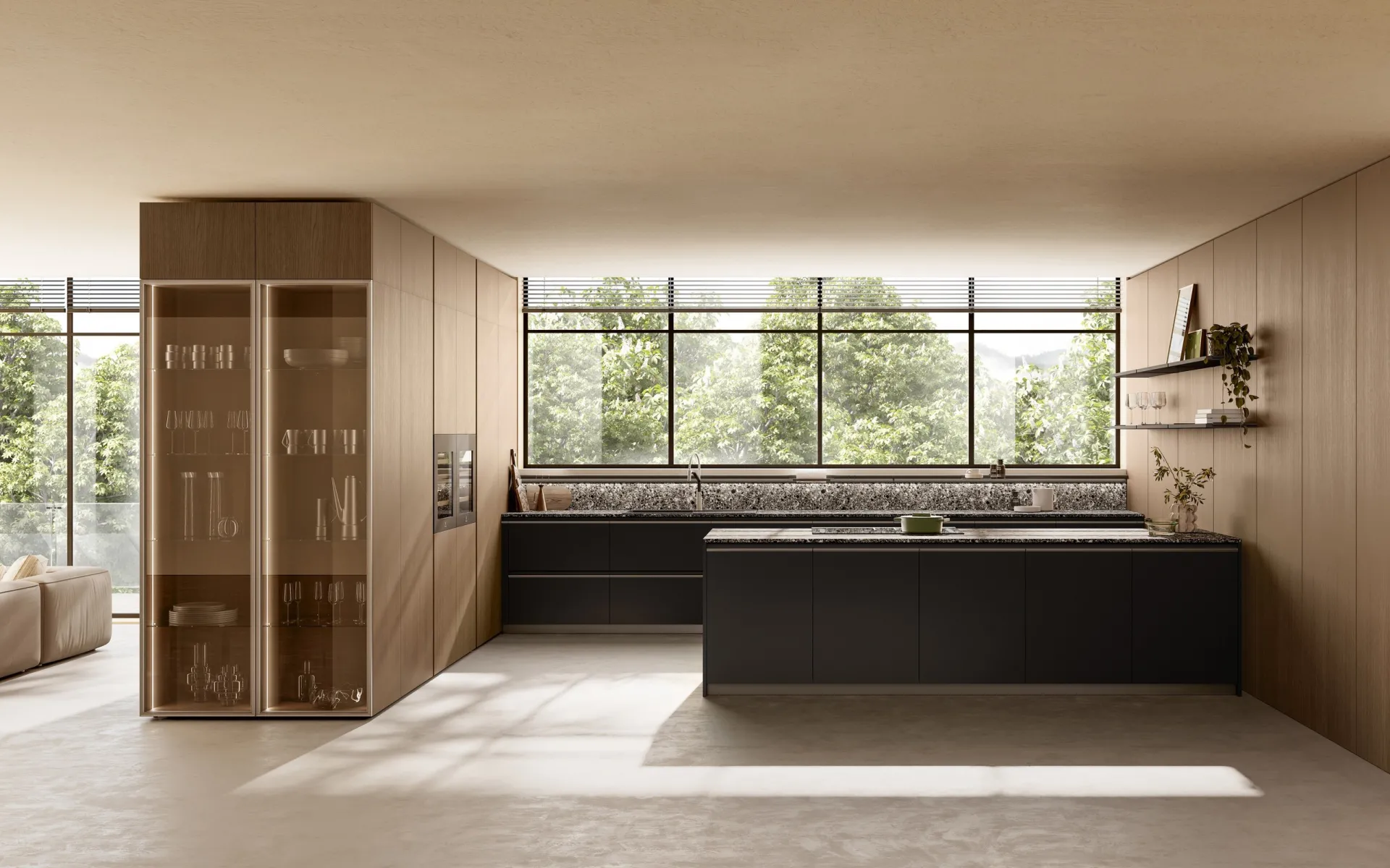 Cucina Stilo Scavolini con isola scura, parete in Quercia Toffee e vetrina Air Box