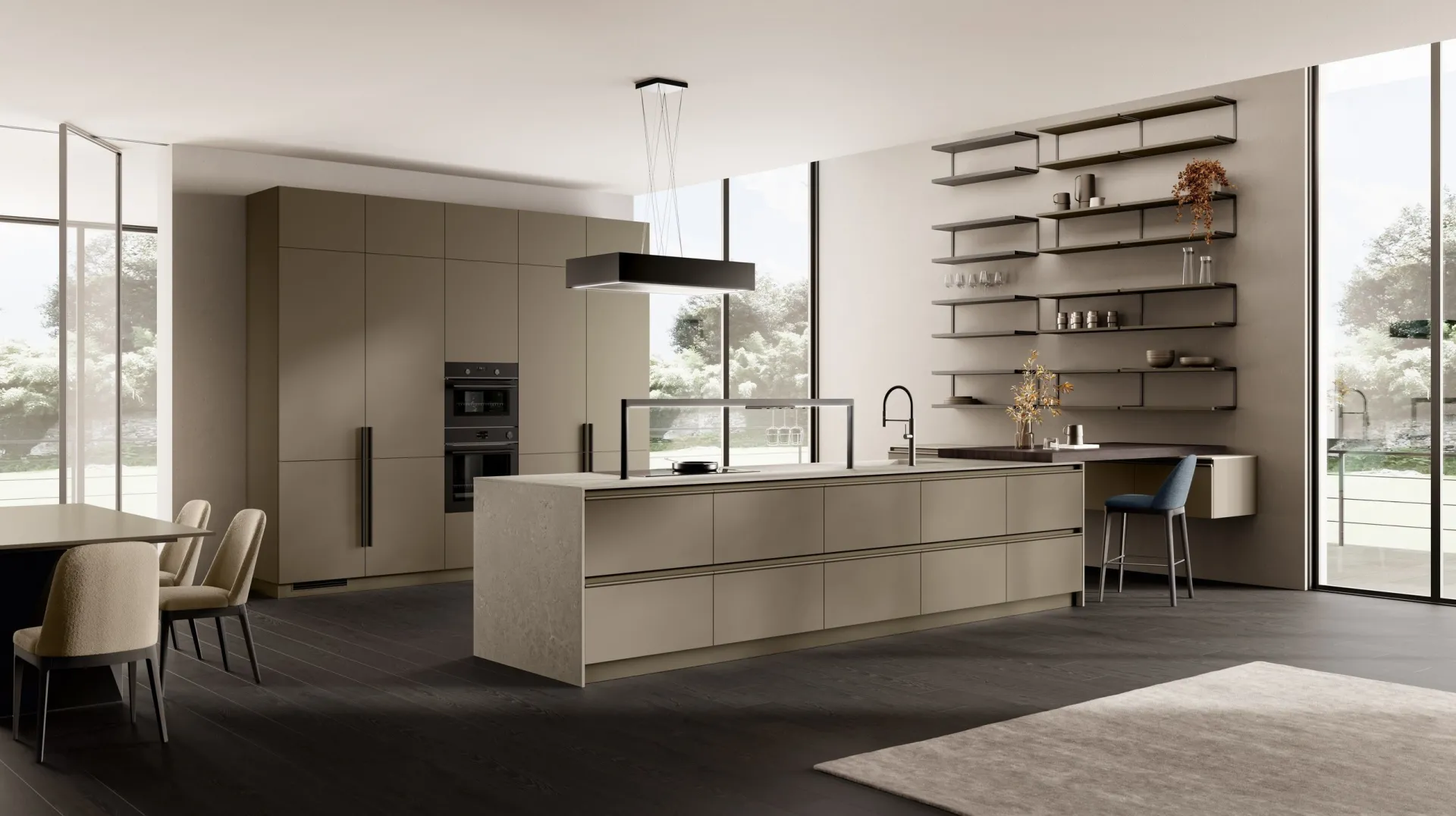 Cucina Stilo Scavolini con isola in laccato opaco Grigio Matera e mensole a tutta parete
