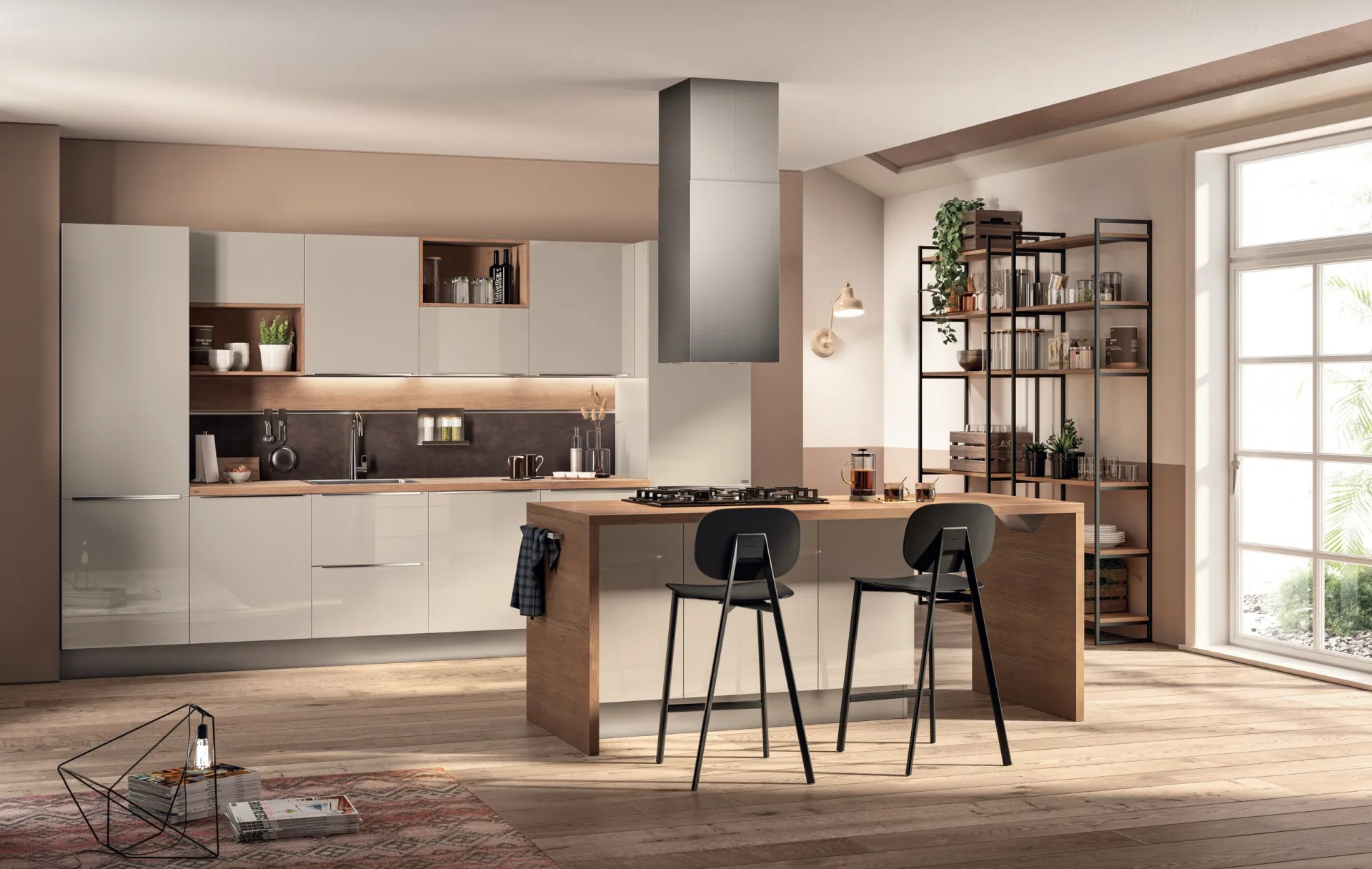 Cucina Urban Scavolini in laccato lucido Sabbia con penisola in Rovere Land e scaffale Metro