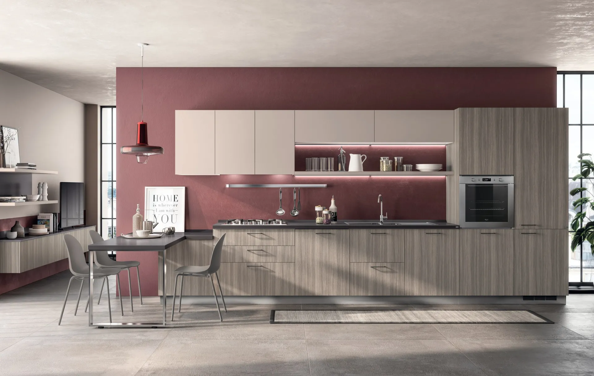 Cucina Urban Scavolini lineare in decorativo Eucalipto Taj con pensili chiari e penisola tavolo