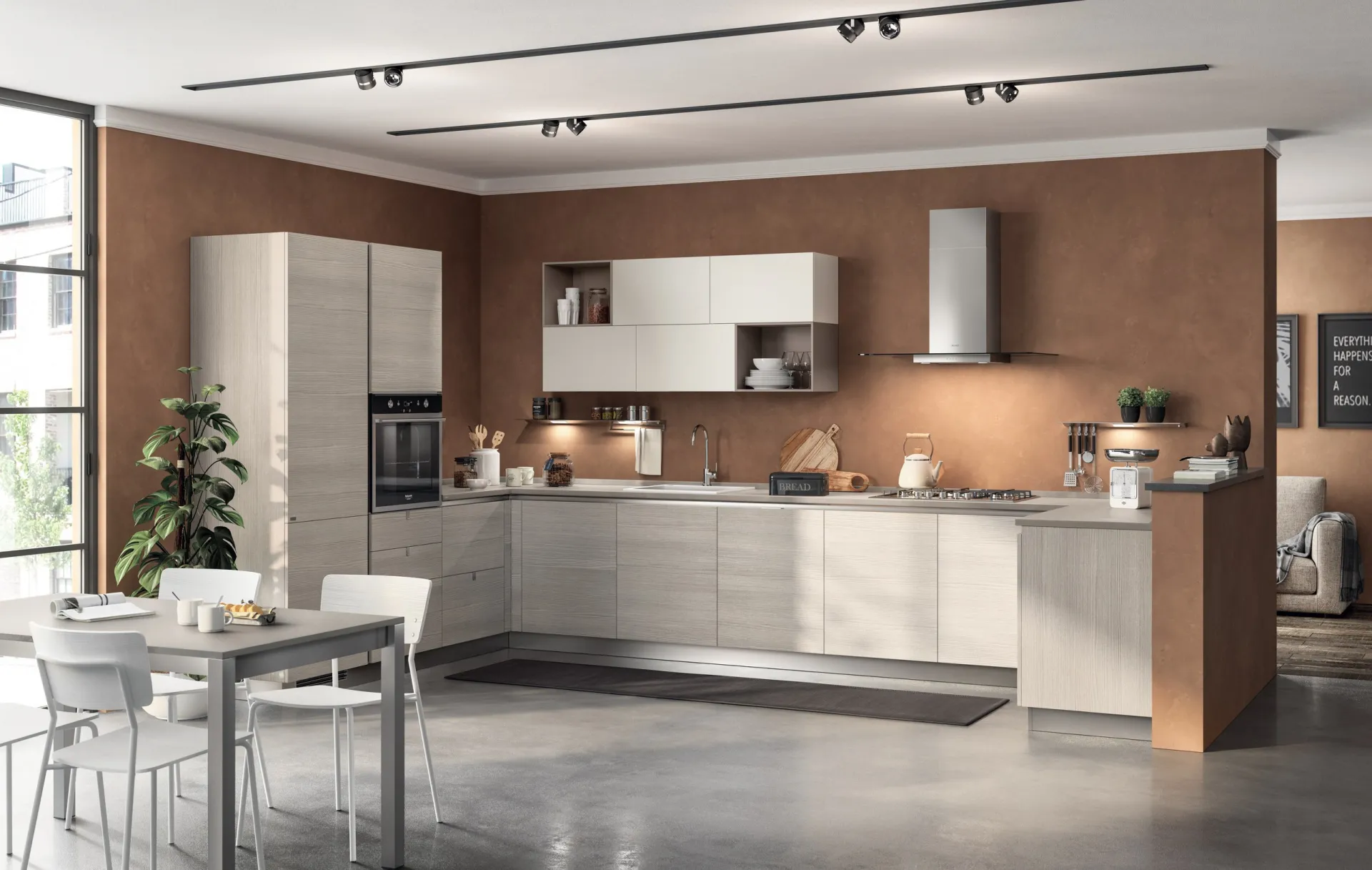 Cucina Urban Minimal Scavolini ad angolo senza maniglie in decorativo Larice Pasha