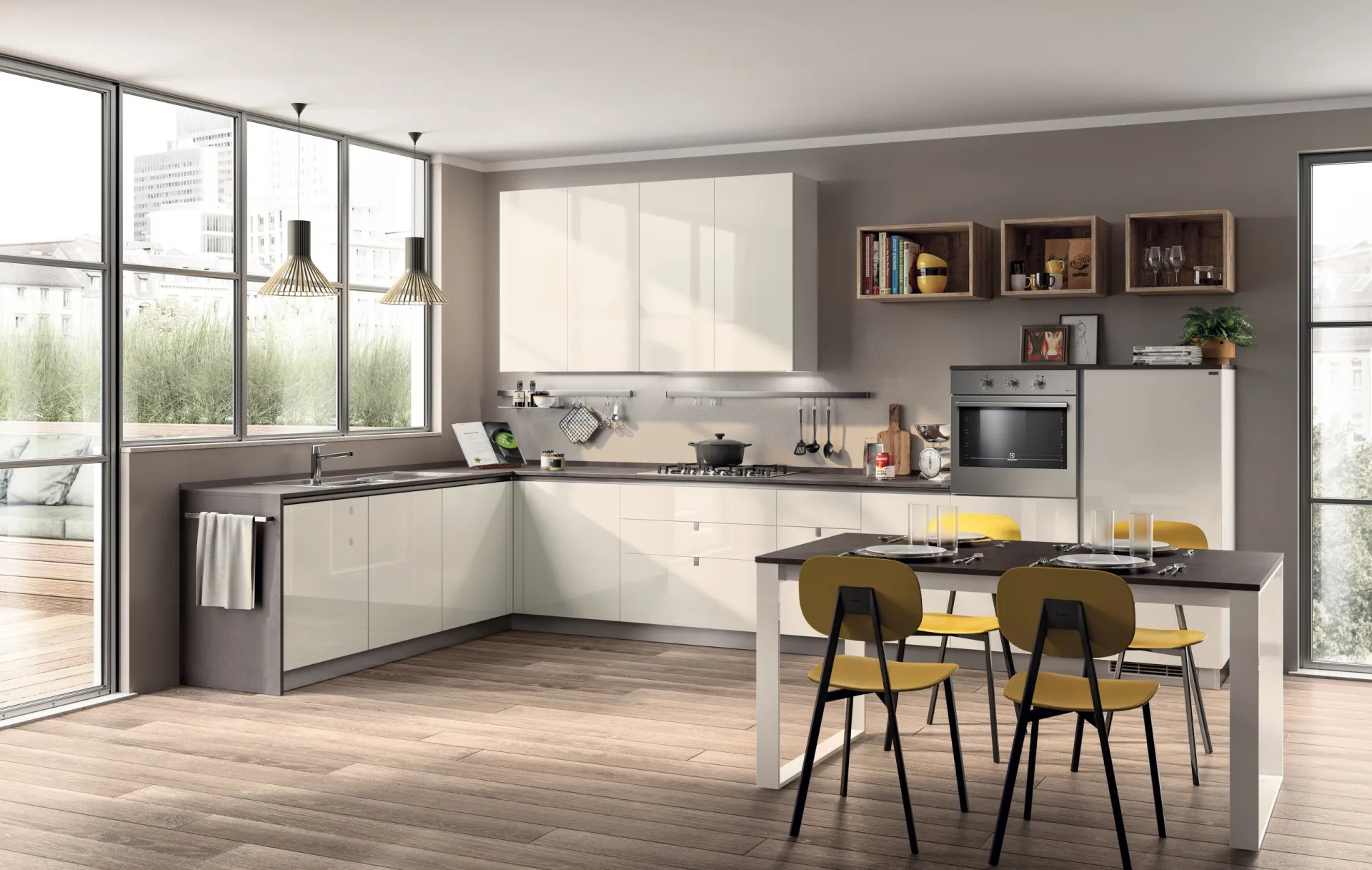 Cucina Urban Minimal Scavolini ad angolo chiara con penisola tavolo e sedie gialle
