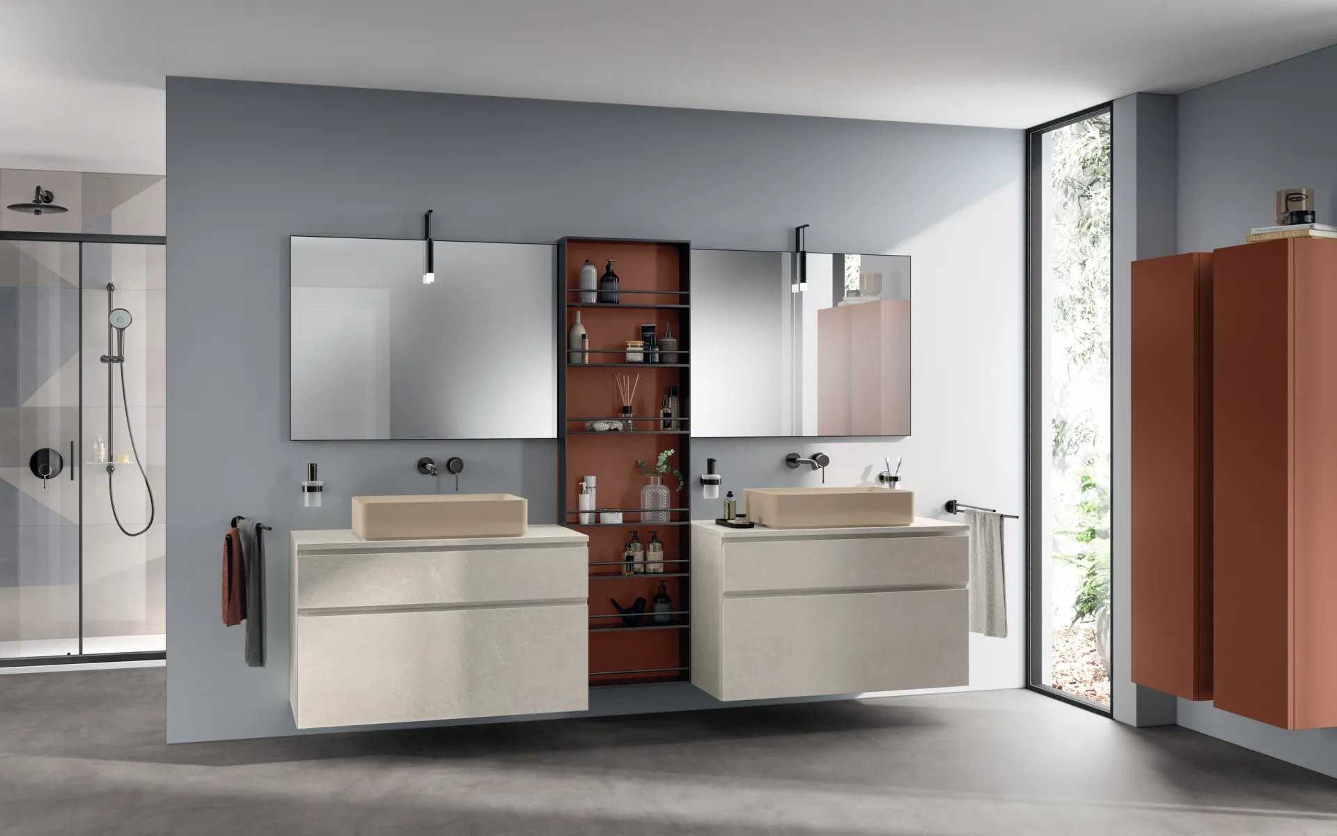 Bagno Rivo Scavolini con due basi effetto pietra, lavabi rettangolari in appoggio e colonna Ruggine
